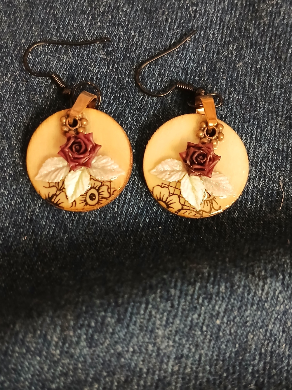 Handcrafted Burgundy Rose Wood Drop Earrings - Women Jewelry - Picture 2 of 4